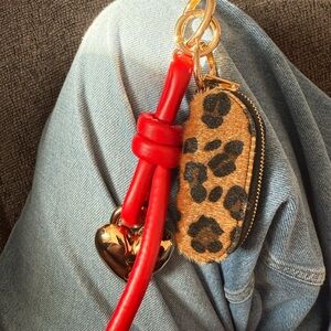 Leopard Print Keychain with Red Strap